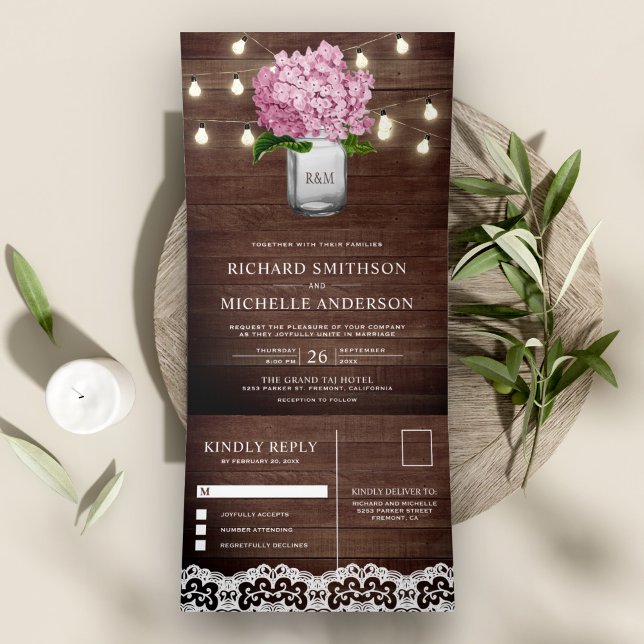 Pink Hydrangea Mason Jar String Lights Hochzeit Dreifach Gefaltete Einladung (Von Creator hochgeladen)