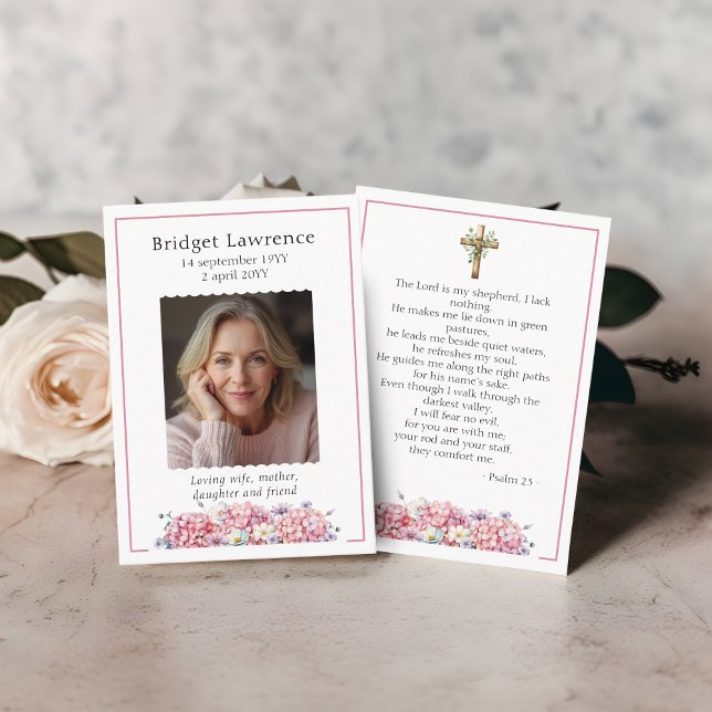 Pink Hydrangea Memorial Photo Psalm 23 Prayer Card Visitenkarte (Von Creator hochgeladen)