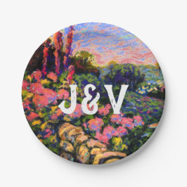 Pink Hydrangea, üppiger Garten & Initialen Pappteller