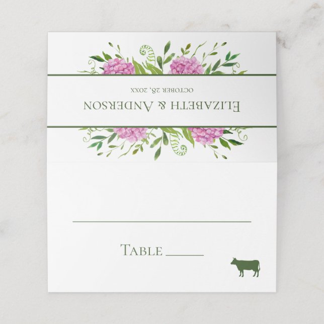 Pink Hydrangea Wedding Platzkarte (Außenseite Aufgefaltet)