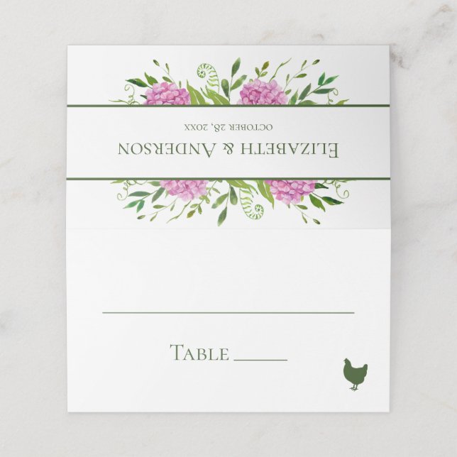 Pink Hydrangea Wedding Platzkarte (Außenseite Aufgefaltet)