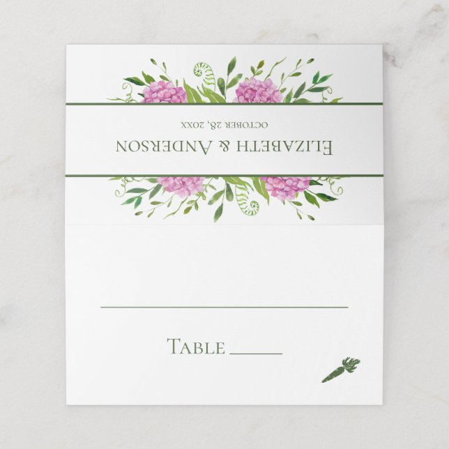 Pink Hydrangea Wedding Platzkarte (Außenseite Aufgefaltet)