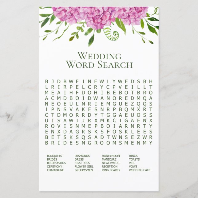 Pink Hydrangea Word Search Showspiel (Vorderseite)