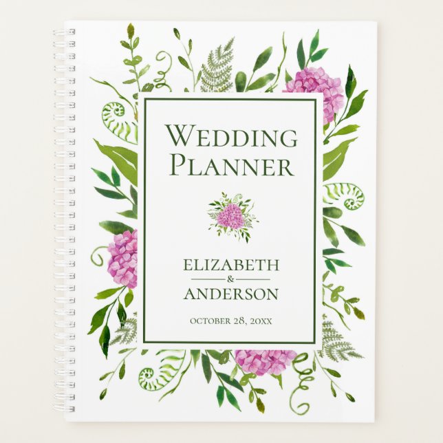Pink Hydrangeas Floral Watercolor Hochzeit Planer (Vorderseite)