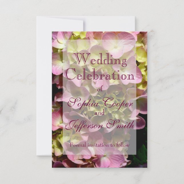 Pink Hydrangeas gelb rosa grüne Blumenzehen Save The Date (Vorderseite)