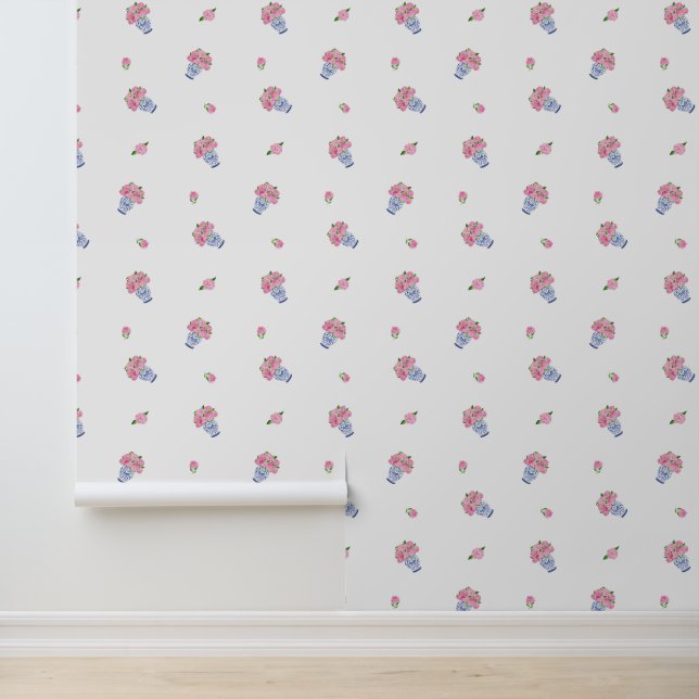 Pink Hydrangeas in Blue Chinoiserie Vase & Blooms Tapete (Anwendung)