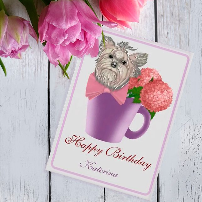 Pink Hydrangeas und Yorkshire Terrier Birthday Ankündigung (Von Creator hochgeladen)
