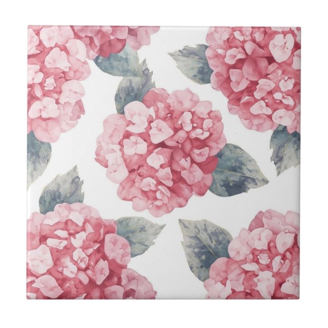 Pink Hydrangeas Watercolor Floral Blooms Painting Fliese (Vorderseite)