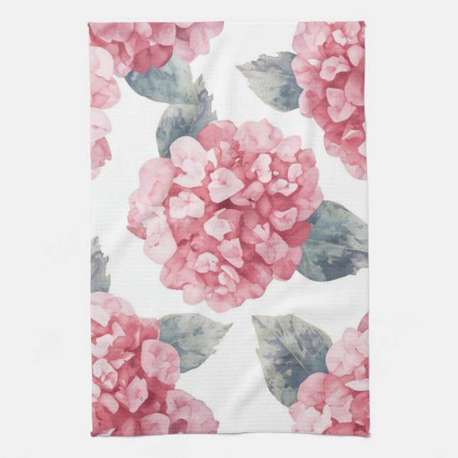 Pink Hydrangeas Watercolor Floral Blooms Painting Geschirrtuch (Vertikal)