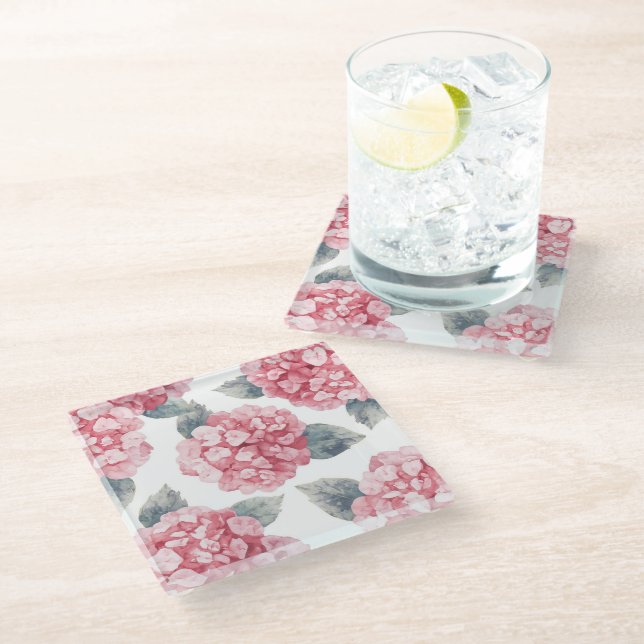 Pink Hydrangeas Watercolor Floral Blooms Painting Glasuntersetzer (Schrägansicht)