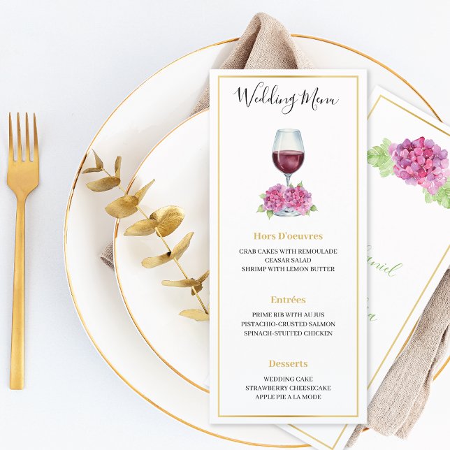 Pink Hydrangeas Wine Glass Wedding Flat Menu Menükarte (Von Creator hochgeladen)