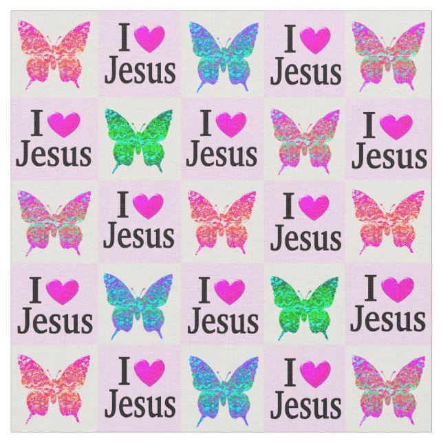 PINK I LIEBE JESUS BUTTERFLY FABRIC STOFF (Nahaufnahme)