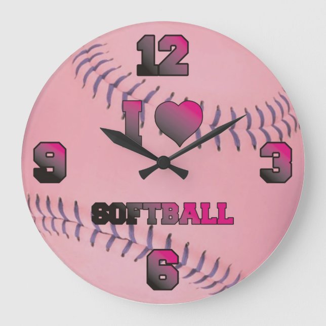 Pink I Liebe Softball Große Wanduhr (Vorderseite)