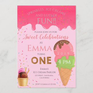 Pink Ice Cream Themed Girls erste Geburtstagsparty Einladung