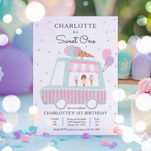 Pink Ice Cream Truck Sweet One 1st Birthday Party Einladung (Von Creator hochgeladen)