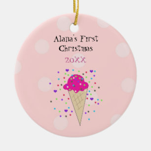 Pink Ice Creme Cone Baby First Christmas Keramik Ornament