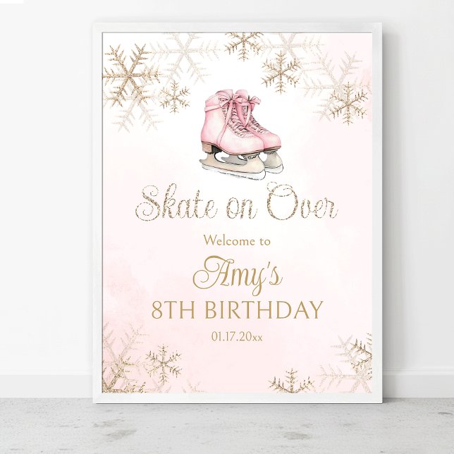 Pink Ice Skating Birthday Gold Snowflakes Welcome Poster (Von Creator hochgeladen)