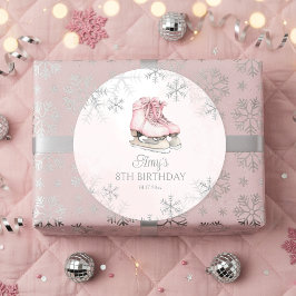 Pink Ice Skating Birthday Silver Glitter Snowflake Runder Aufkleber