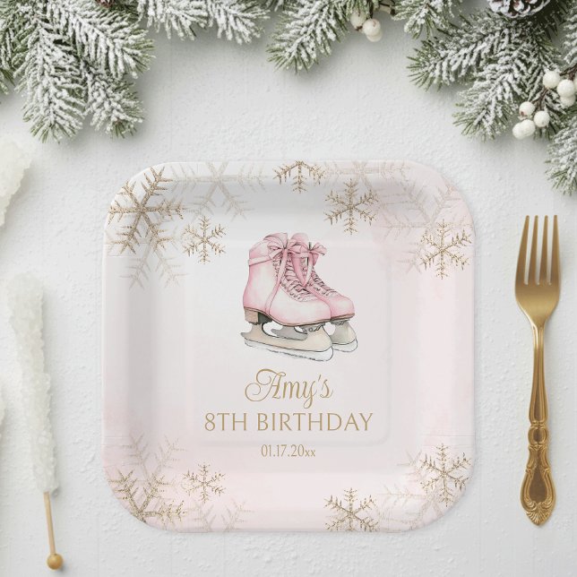 Pink Ice Skating Girl Birthday Gold Snowflakes Pappteller (Von Creator hochgeladen)