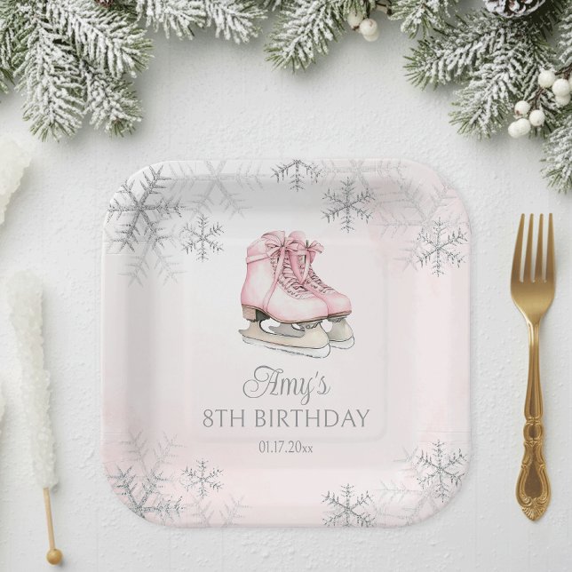 Pink Ice Skating Girl Birthday Silver Snowflakes Pappteller (Von Creator hochgeladen)