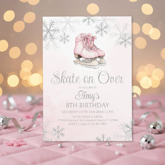 Pink Ice Skating Silver Glitter Snowflake Birthday Einladung