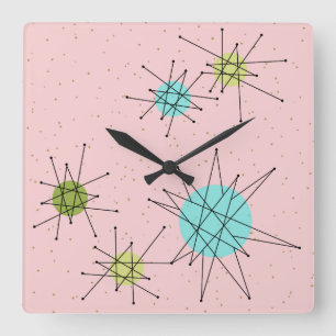 Pink Iconic Atomic Starbursts Wall Clock Quadratische Wanduhr