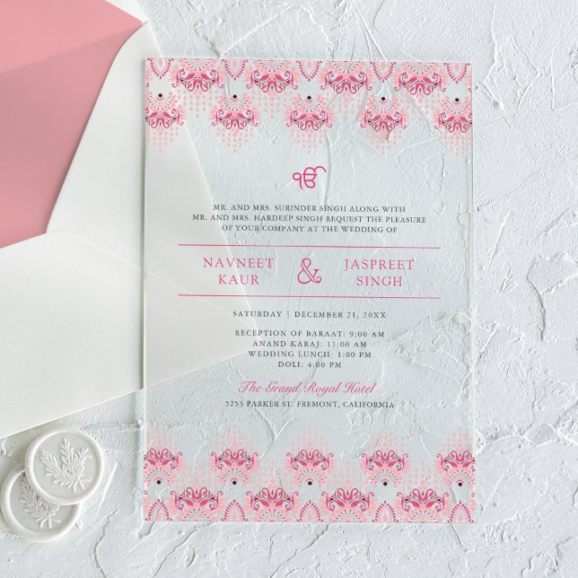 Pink Ikat Border Anand Karaj Sikh Wedding Acryleinladungen (Von Creator hochgeladen)