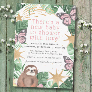 Pink Imitate Gold Sloth & Butterfly Girl Babydusch Einladung