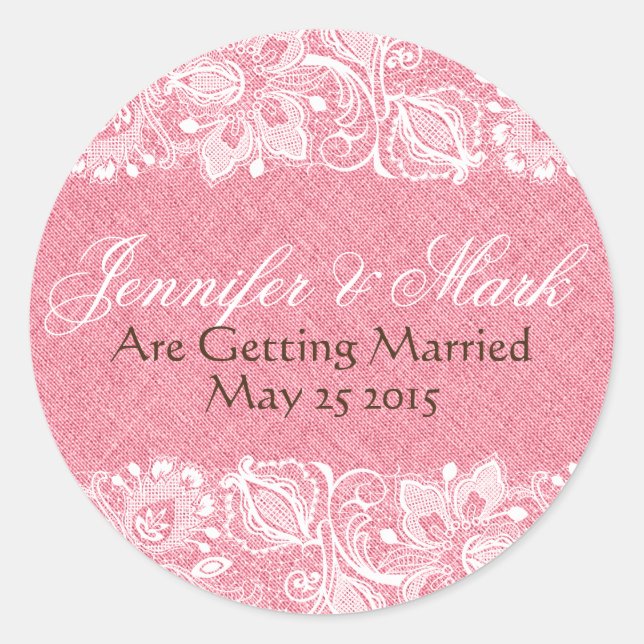 Pink Imitate Leinen Burlap & White Floral Lace Runder Aufkleber (Vorderseite)