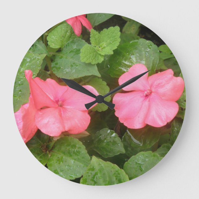 Pink Impatians Blume Wall Clock Große Wanduhr (Vorderseite)