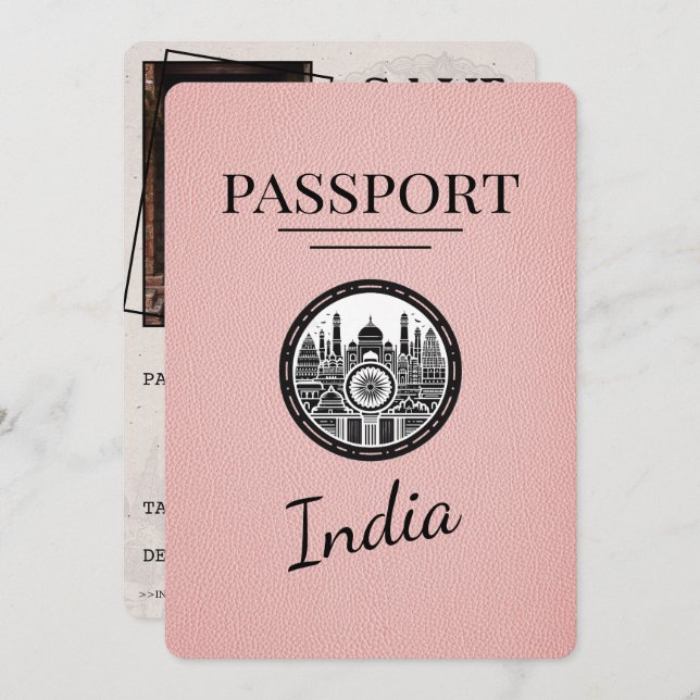 Pink India Passport Save the Date (Vorne/Hinten)