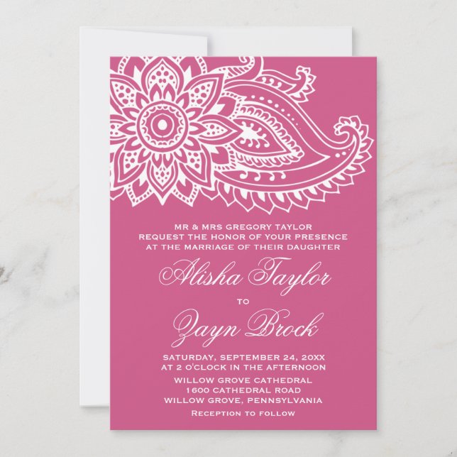 Pink Indian Paisley Formal Wedding Einladung (Vorderseite)