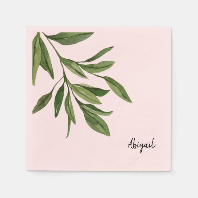 Pink Individuelle Name Foliage Cocktail Serviette (Vorderseite)