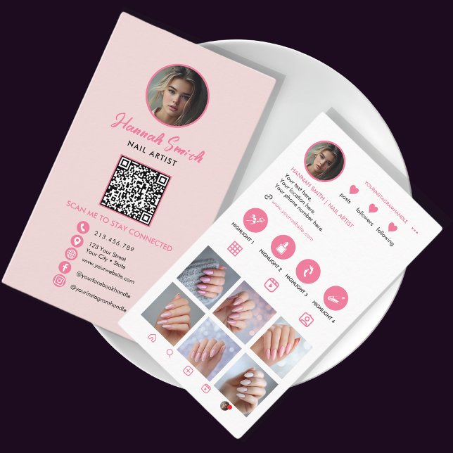Pink Instagram Style QR Code Nail Artist Visitenkarte (Von Creator hochgeladen)