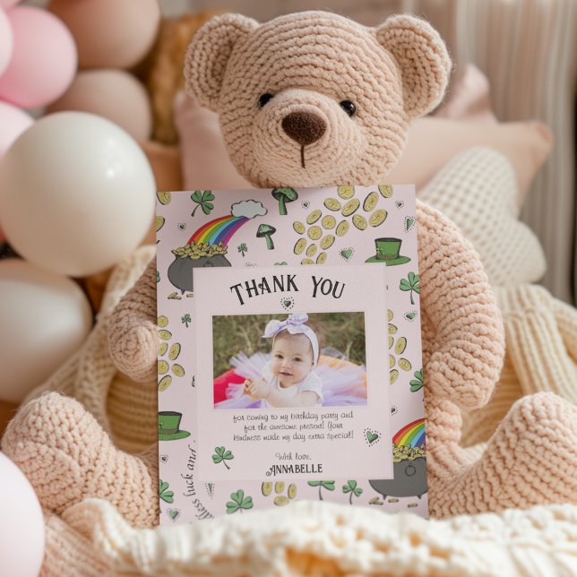 Pink Irish Rainbow Clovers & Hearts Kindergeburtst Dankeskarte (Cute girly baby St. Patrick's Day  birthday Thank You card with custom Photo and Text. Pot of Gold)