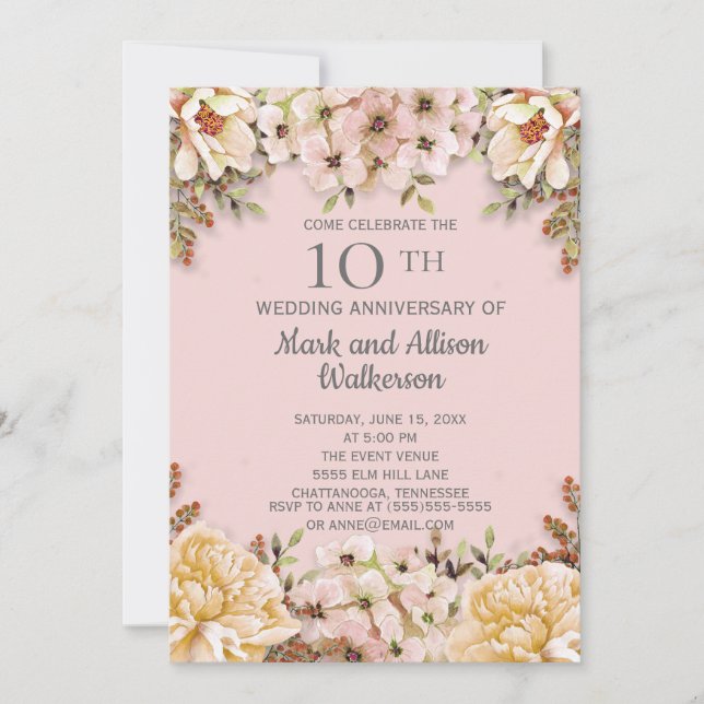 Pink Ivory Floral 10. Hochzeitstag Einladung (Vorderseite)