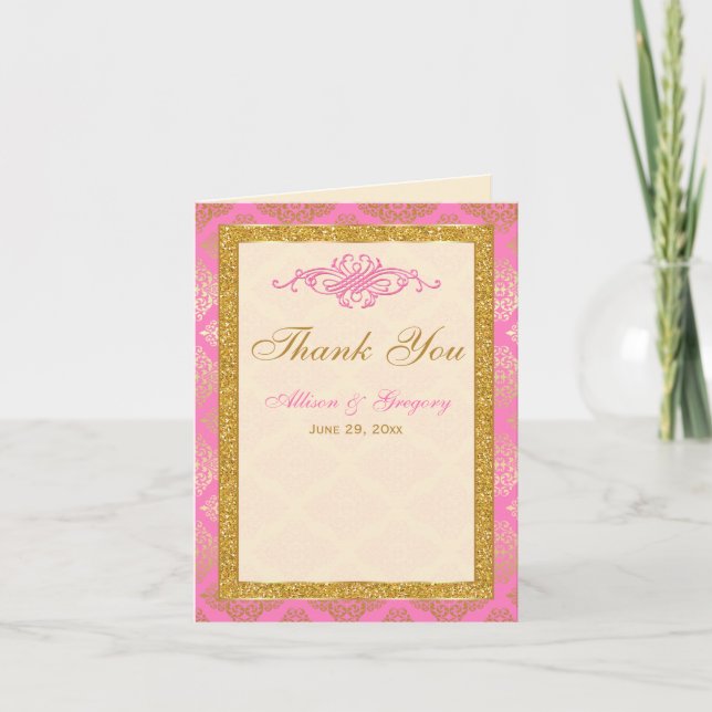 Pink Ivory Gold Glitzer, Damask Danke Karte (Vorderseite)