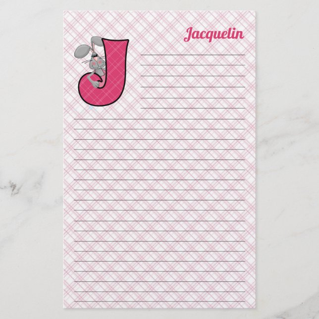 Pink Jackrabbit Mongram Letter J Lined Briefpapier (Vorderseite)