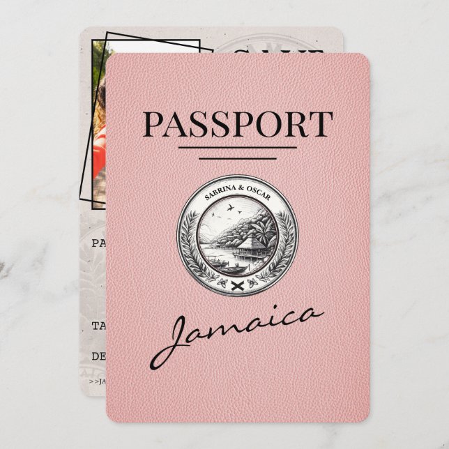 Pink Jamaica Passport Save the Date (Vorne/Hinten)
