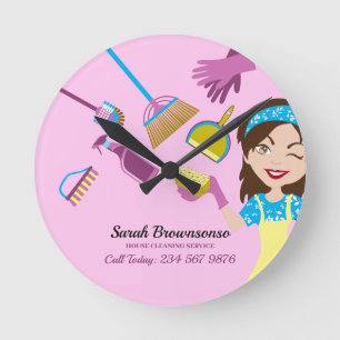 Pink Janitorial LAdy Reinigung Beruflich Runde Wanduhr