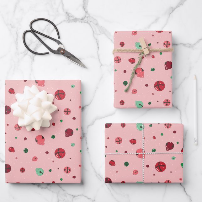 Pink Jingle Bells Christmas Wrapping Paper Geschenkpapier Set (Vorderseite)