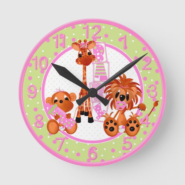 Pink Jungle Baby Clock Runde Wanduhr (Vorderseite)