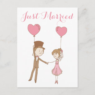 Pink Just Married Bride & Groom Brown Wedding Ankündigungspostkarte