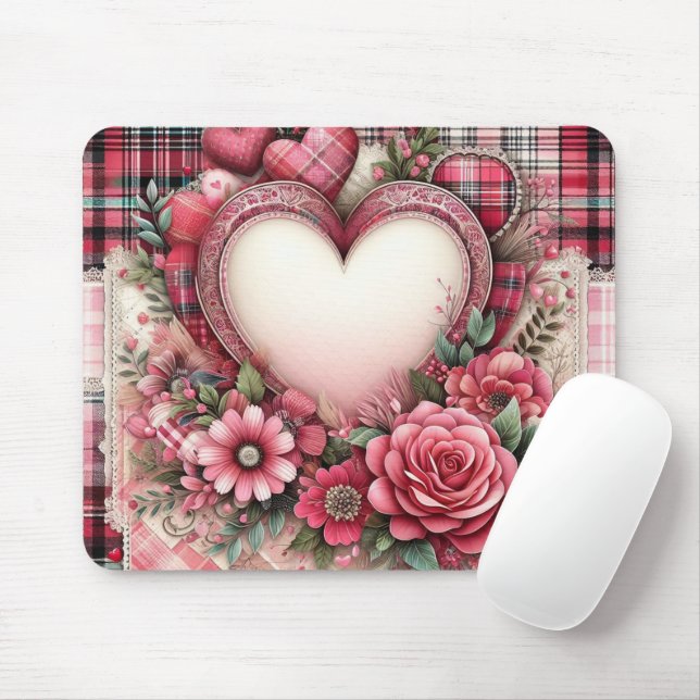 PINK KARIERT VALENTINES HERZEN UND BLUME MOUSEPAD (Mit Mouse)