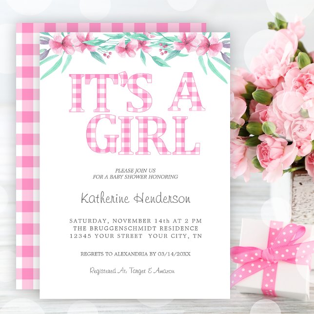 Pink Kariert Watercolor Blütenmädchen Babydusche Einladung (Pink Plaid Watercolor Floral Girl Baby Shower Invitation)