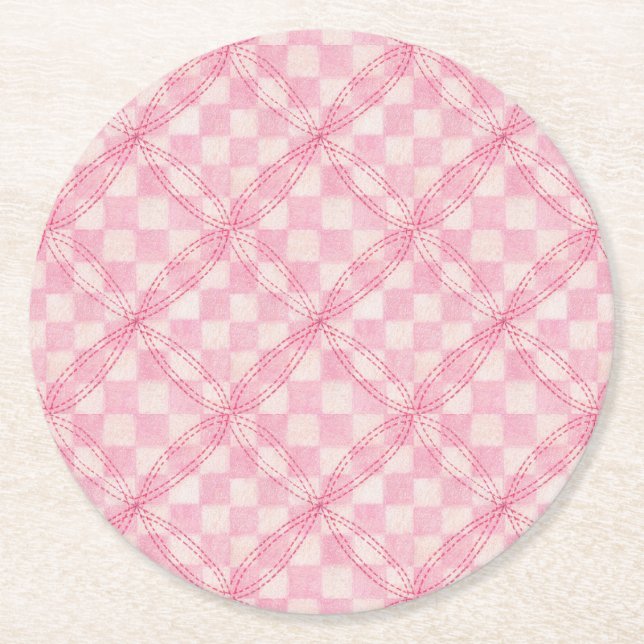 PINK KARO QUILT Round Paper Untersetzer (Vorderseite)