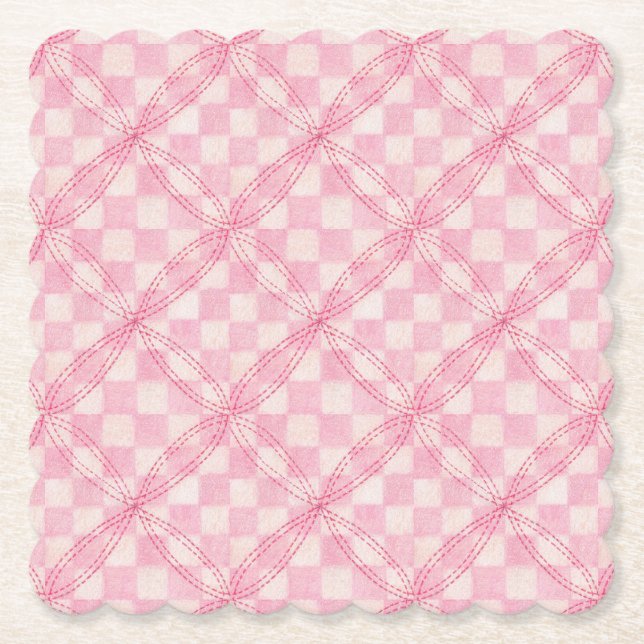PINK KARO QUILT Scalloped Square Paper Untersetzer (Vorderseite)