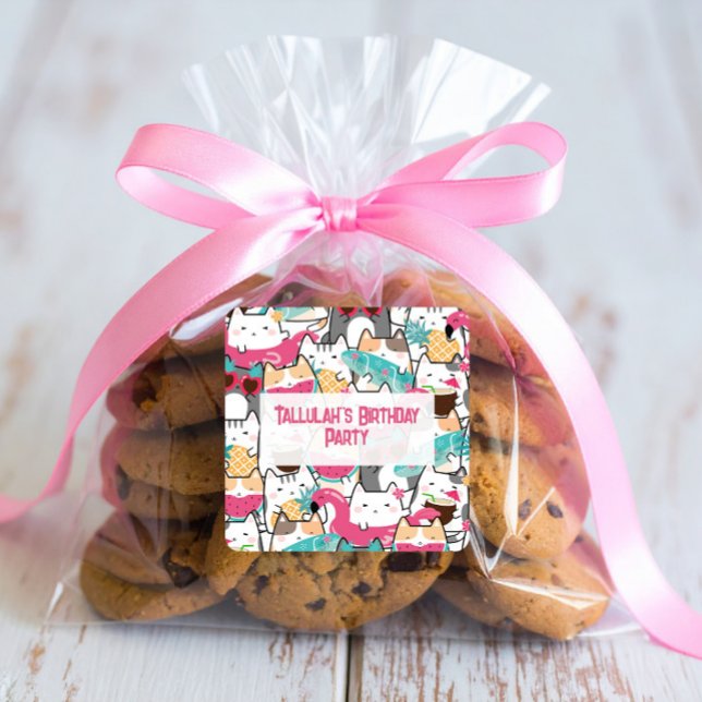 Pink Kawaii Cats Pool Party Geburtstag Quadratischer Aufkleber (Von Creator hochgeladen)