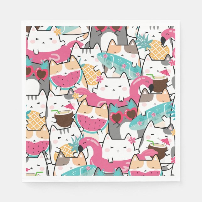 Pink Kawaii Cats Pool Party Geburtstag Serviette (Vorderseite)