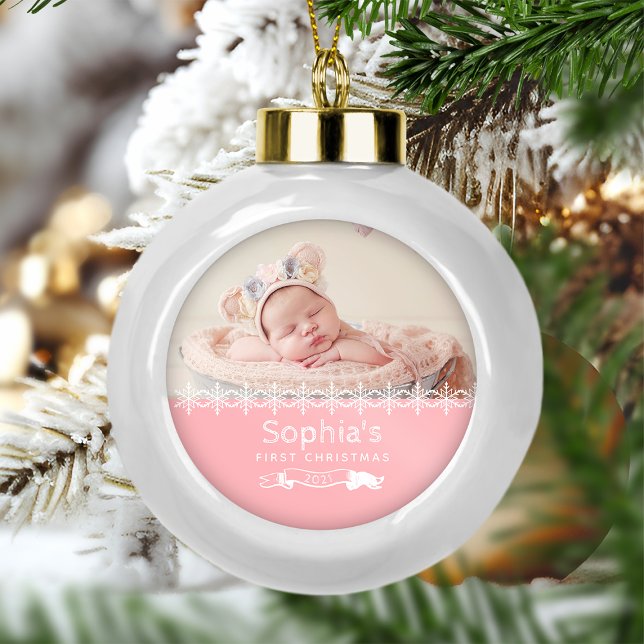 Pink Keepake Foto Babys Erste Weihnachten Keramik Kugel-Ornament (Von Creator hochgeladen)